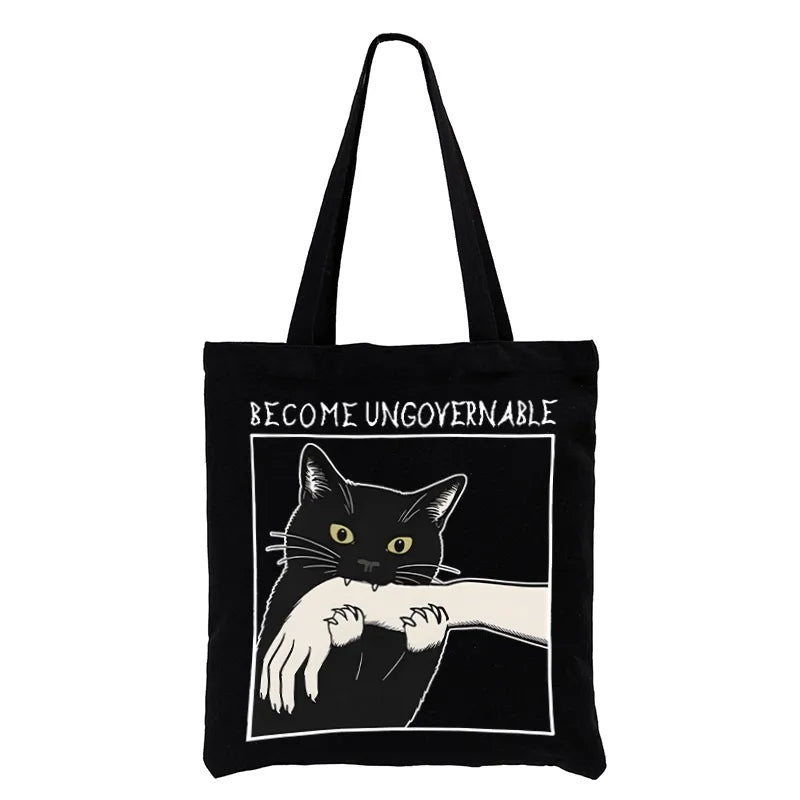 Kyoto-Lion Black Cat Biting Tote Bag