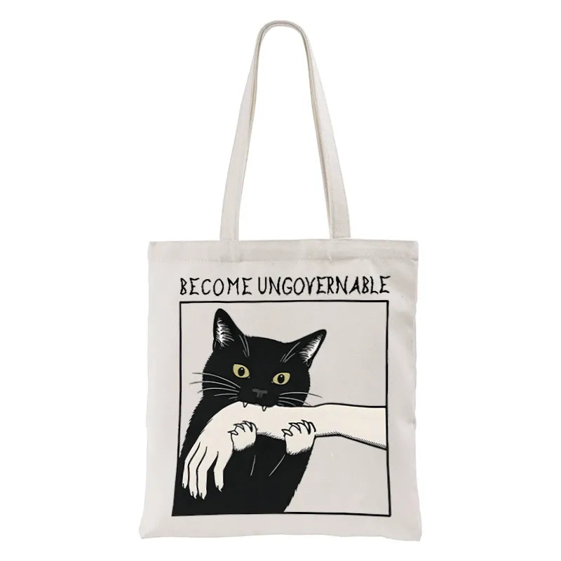 Kyoto-Lion Black Cat Biting Tote Bag