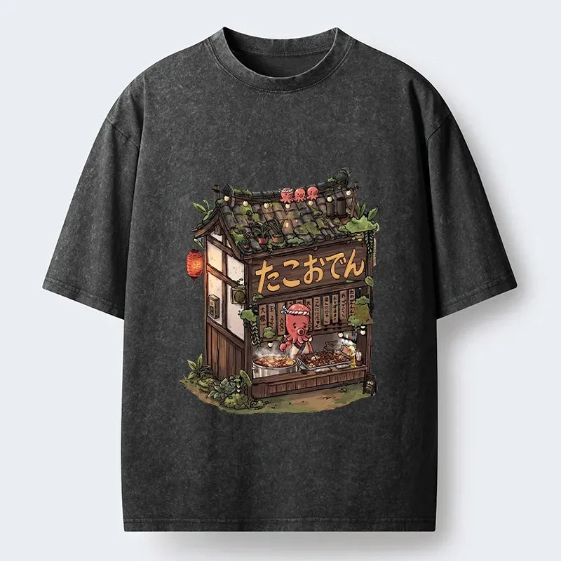 Kyoto-Lion Cute Octopus Oden Food Shop Meme Washed T-Shirt