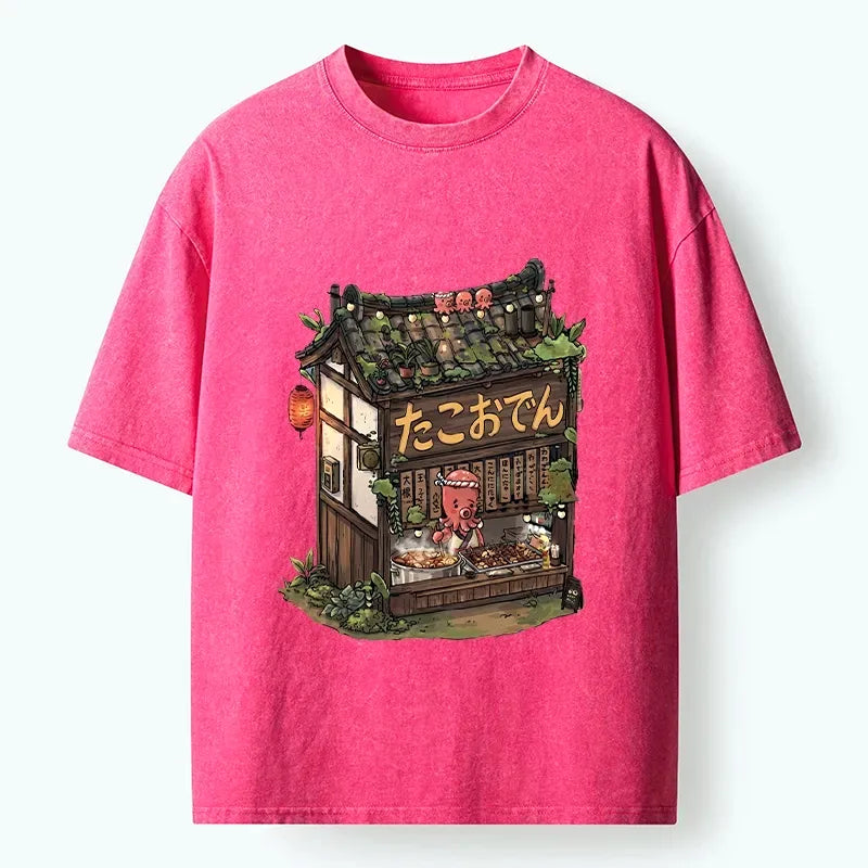 Kyoto-Lion Cute Octopus Oden Food Shop Meme Washed T-Shirt