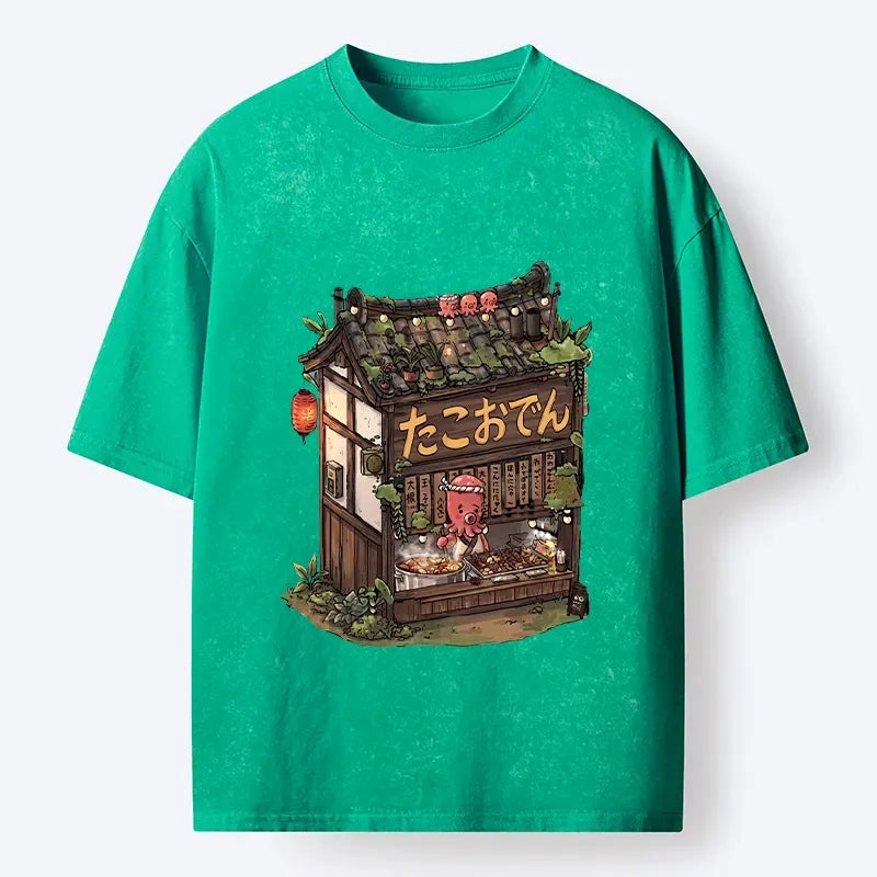 Kyoto-Lion Cute Octopus Oden Food Shop Meme Washed T-Shirt