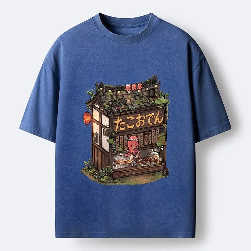 Kyoto-Lion Cute Octopus Oden Food Shop Meme Washed T-Shirt