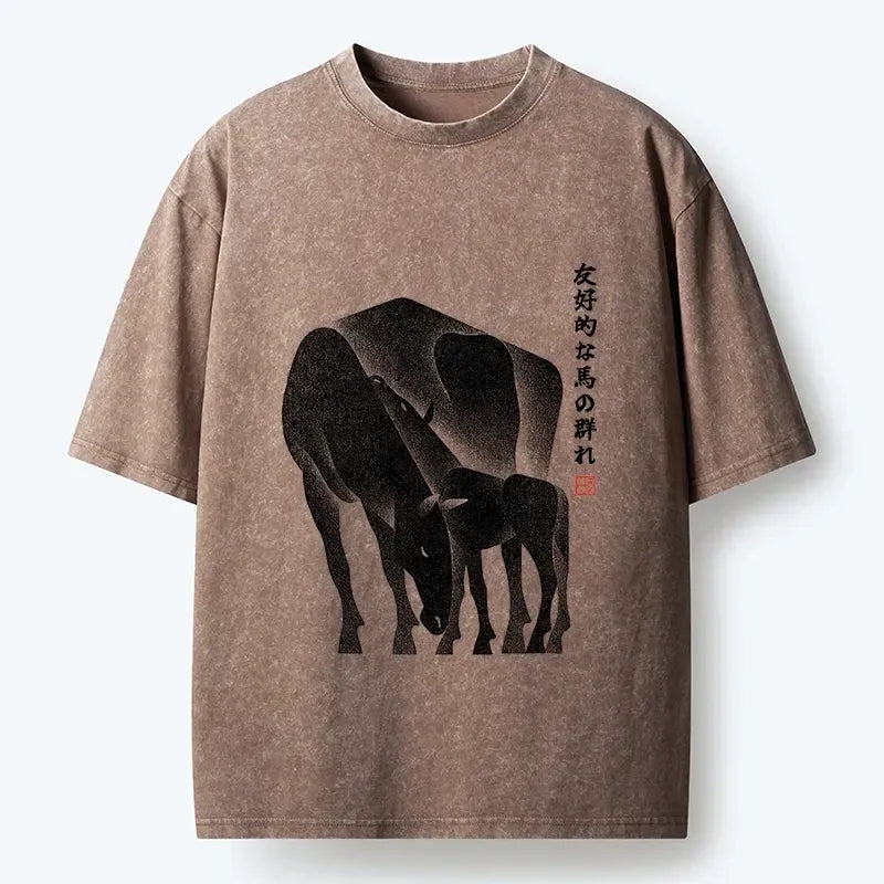 Kyoto-Lion Friendly Horse Herd Washed T-Shirt
