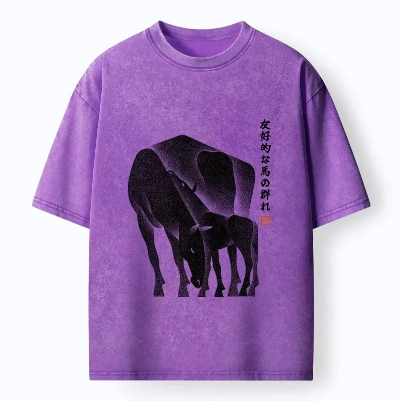Kyoto-Lion Friendly Horse Herd Washed T-Shirt