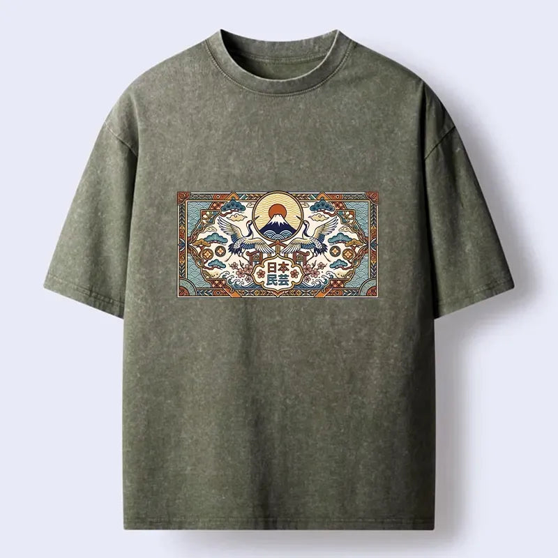 Kyoto-Lion Ornate Japanese Folk Art Border Washed T-Shirt