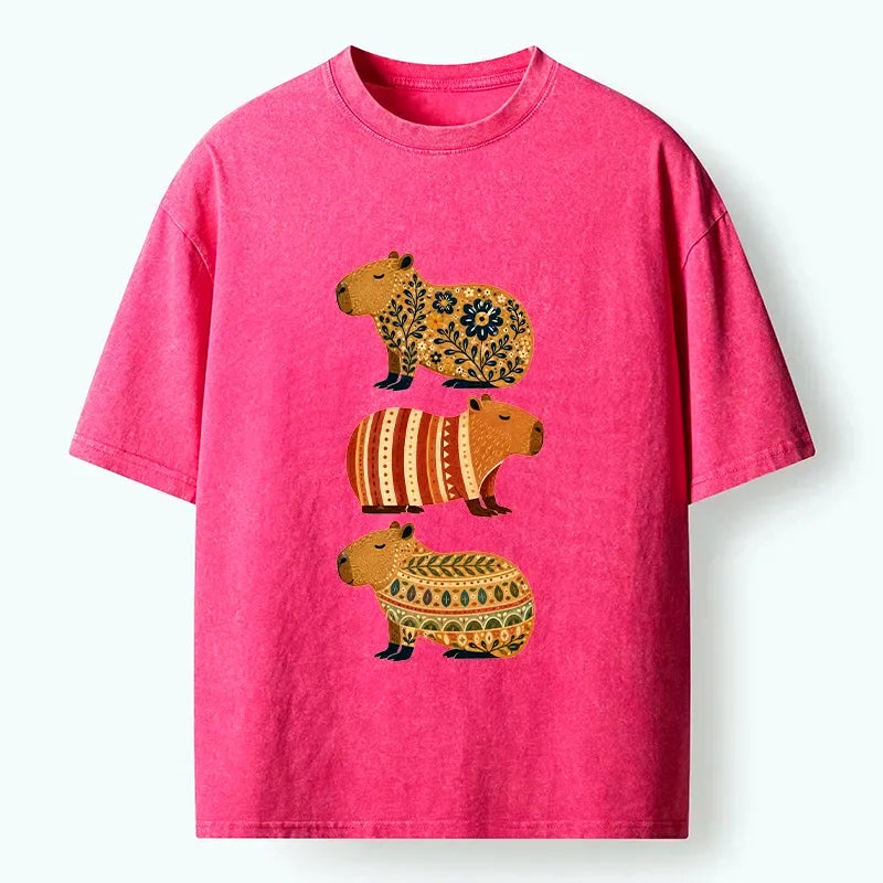 Kyoto-Lion Folk Floral Striped Capybara Trio Print Washed T-Shirt