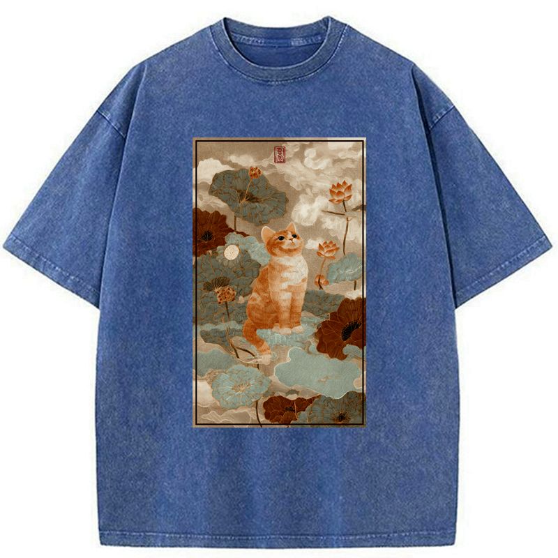 Japanese Lotus Washed T-Shirt for Summer