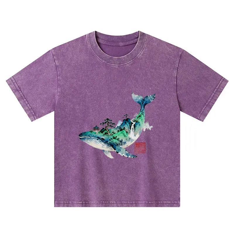 Kyoto-Lion Whale Ink Painting Landscape Kids Washed T-Shirt