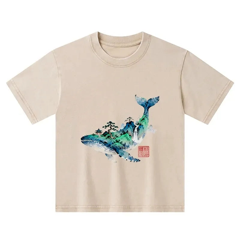 Kyoto-Lion Whale Ink Painting Landscape Kids Washed T-Shirt