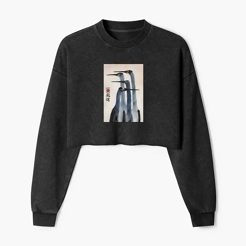 Kyoto-Lion Retro Sandhill Crane Washed Crop Sweatshirt