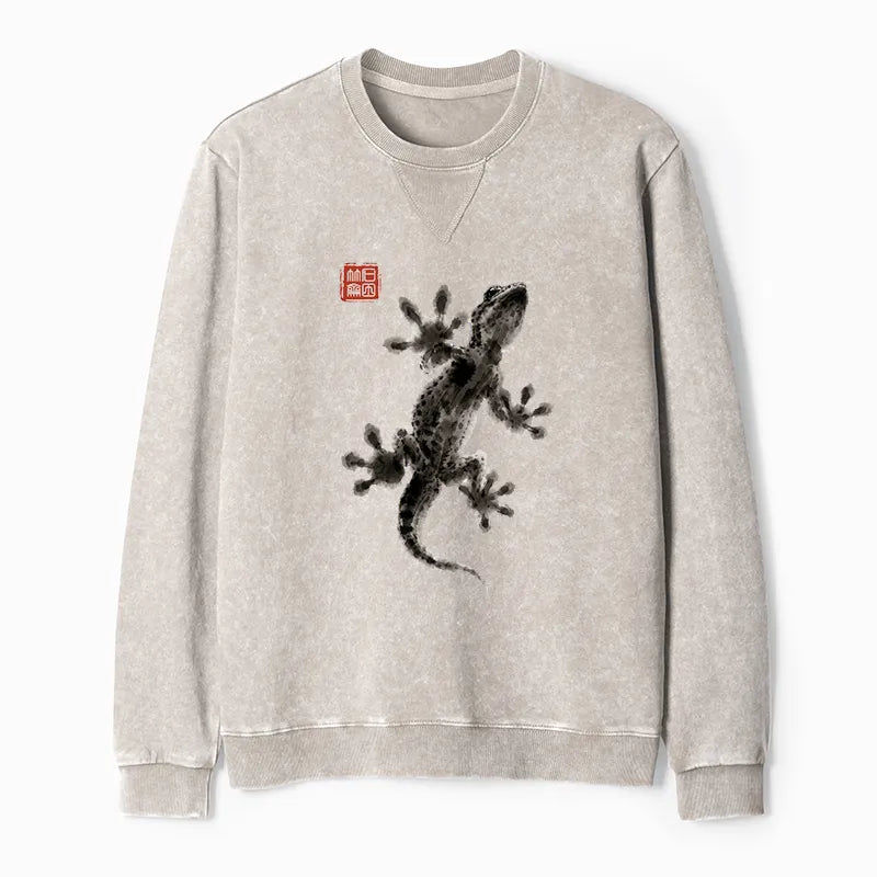 Kyoto-Lion Minimal Asian Ink Brush Gecko Vibe Washed Terry Sweatshirt