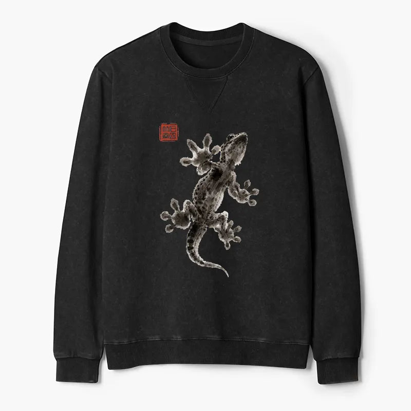 Kyoto-Lion Minimal Asian Ink Brush Gecko Vibe Washed Terry Sweatshirt