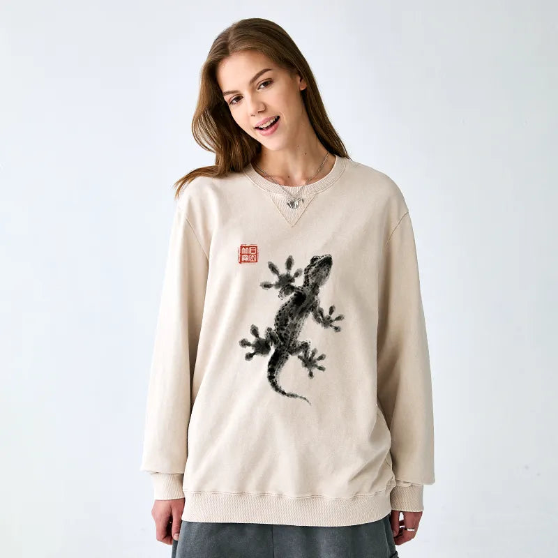 Kyoto-Lion Minimal Asian Ink Brush Gecko Vibe Washed Terry Sweatshirt