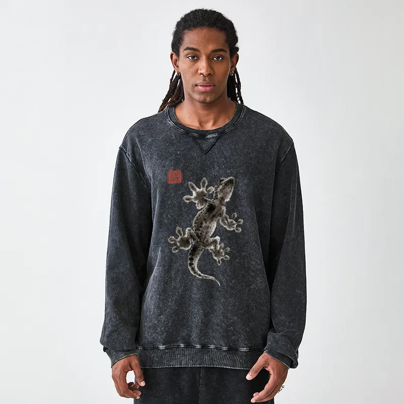 Kyoto-Lion Minimal Asian Ink Brush Gecko Vibe Washed Terry Sweatshirt