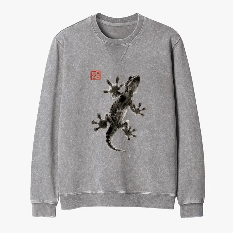 Kyoto-Lion Minimal Asian Ink Brush Gecko Vibe Washed Terry Sweatshirt