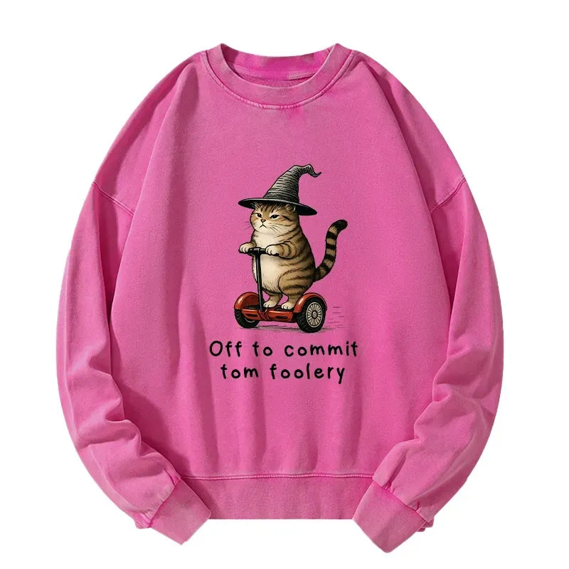 Kyoto-Lion Orange Cat Riding Segway-style Washed Sweatshirt