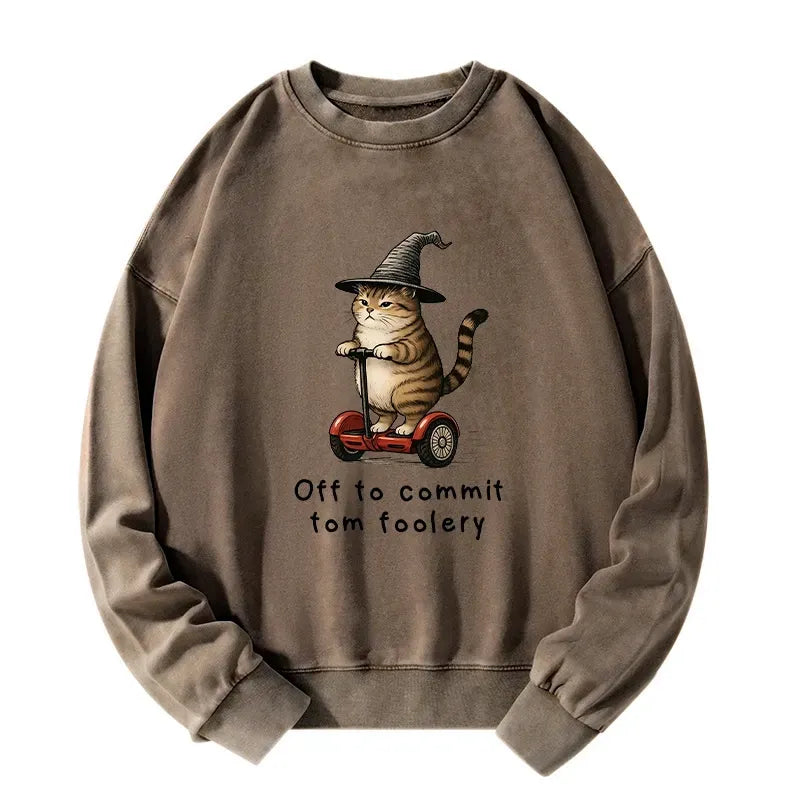 Kyoto-Lion Orange Cat Riding Segway-style Washed Sweatshirt