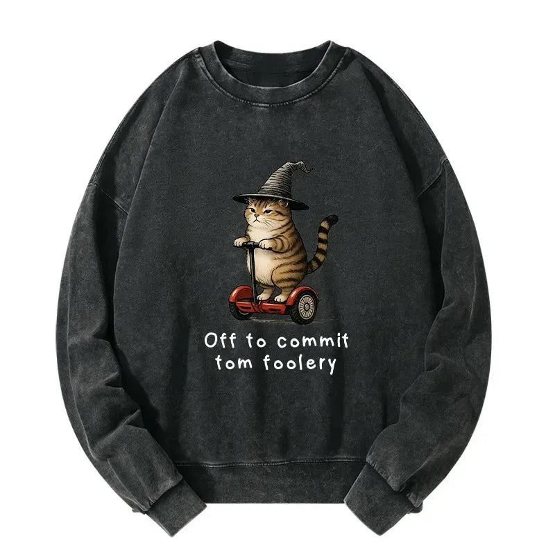 Kyoto-Lion Orange Cat Riding Segway-style Washed Sweatshirt