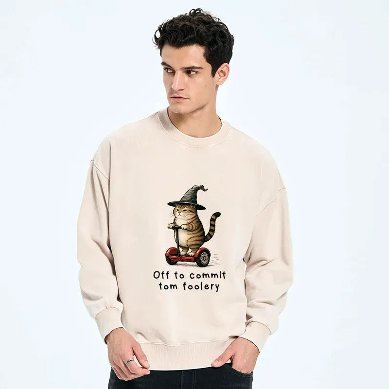 Kyoto-Lion Orange Cat Riding Segway-style Washed Sweatshirt
