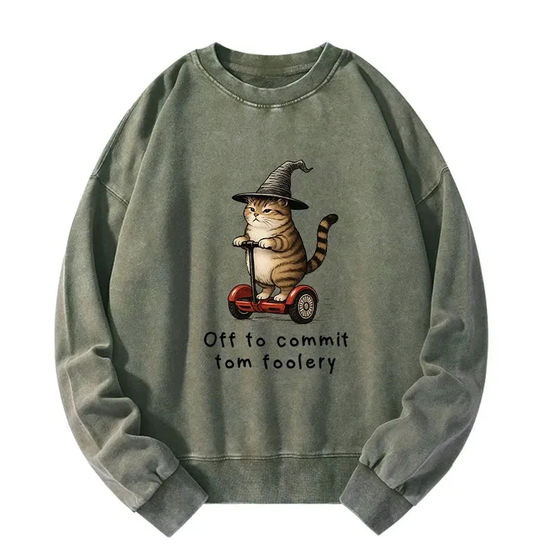 Kyoto-Lion Orange Cat Riding Segway-style Washed Sweatshirt