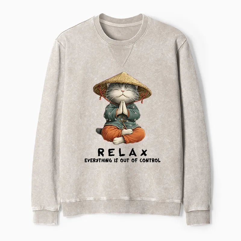 Kyoto-Lion Zen Relax Cat Graphic Washed Terry Sweatshirt