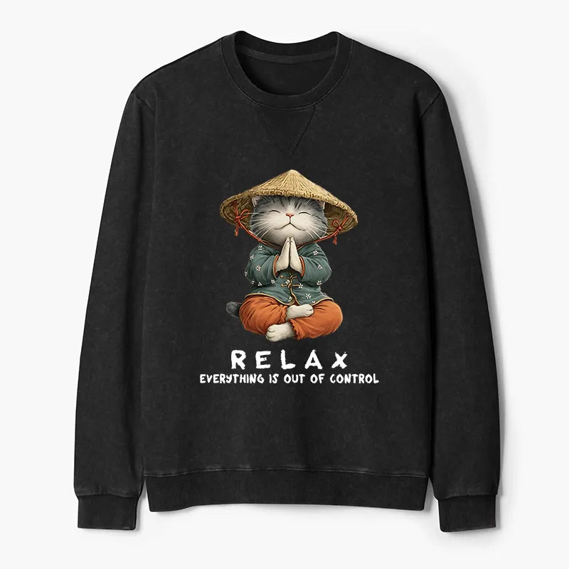 Kyoto-Lion Zen Relax Cat Graphic Washed Terry Sweatshirt