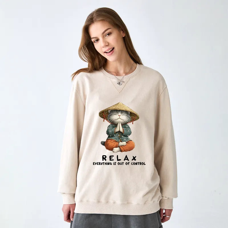 Kyoto-Lion Zen Relax Cat Graphic Washed Terry Sweatshirt