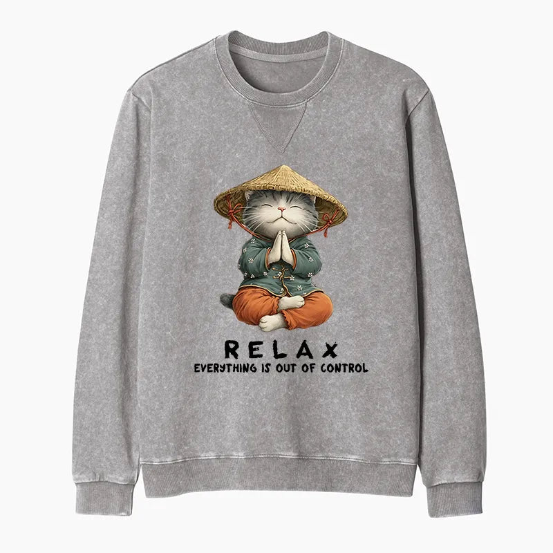 Kyoto-Lion Zen Relax Cat Graphic Washed Terry Sweatshirt