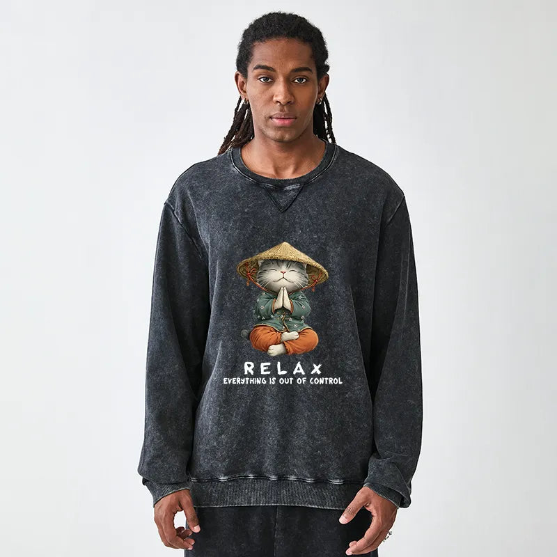 Kyoto-Lion Zen Relax Cat Graphic Washed Terry Sweatshirt