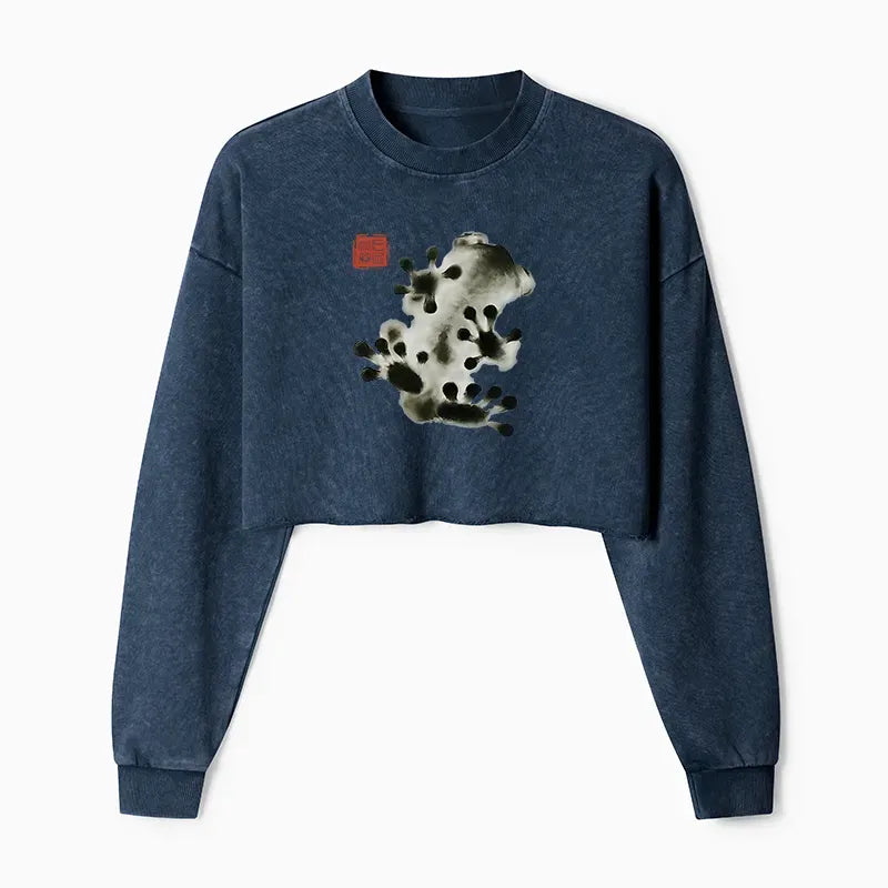 washed crop sweatshirt with frog for daily wear