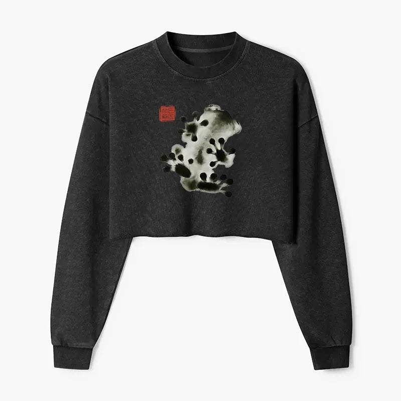 washed crop sweatshirt with frog for daily wear