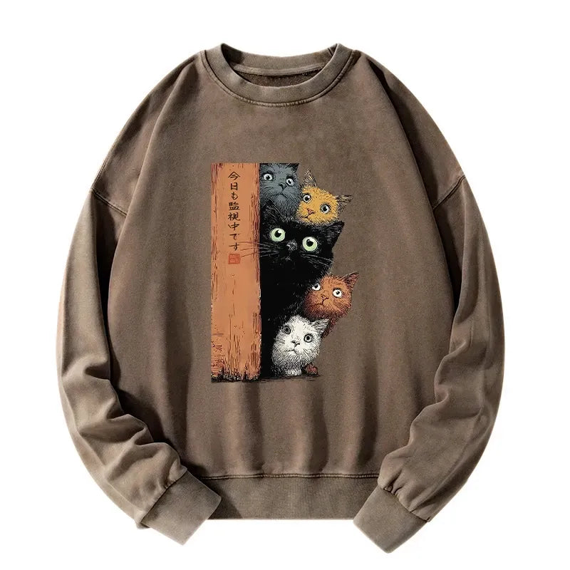 Japanese Cat Washed Sweatshirt for Anime Convention