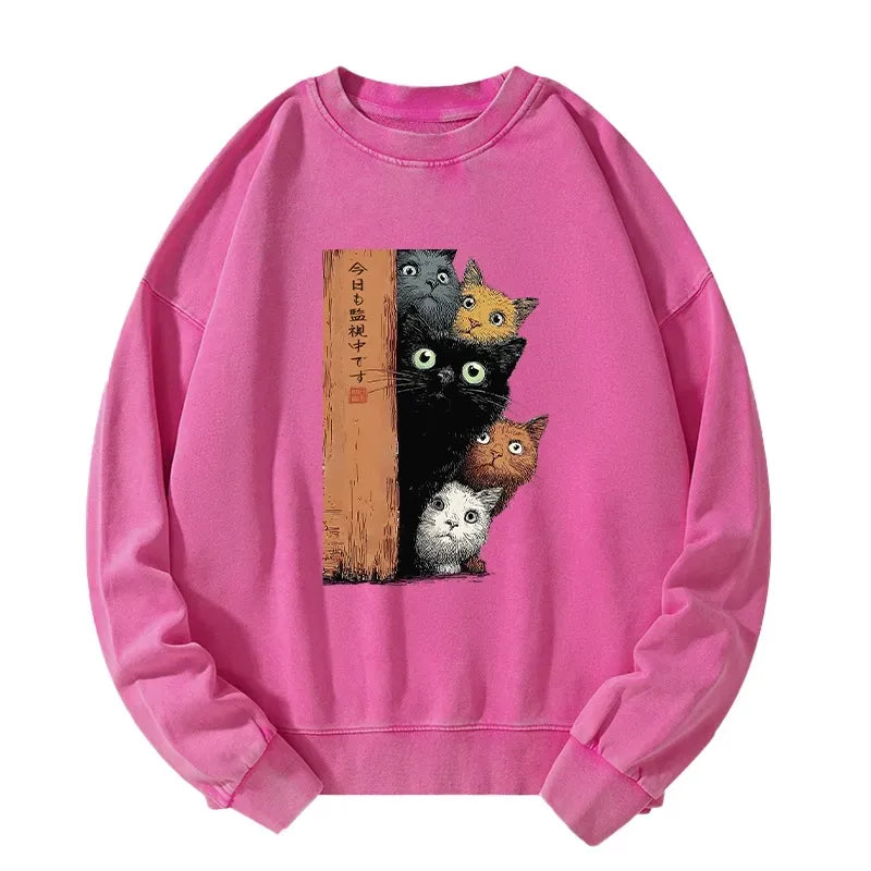 Japanese Cat Washed Sweatshirt for Anime Convention