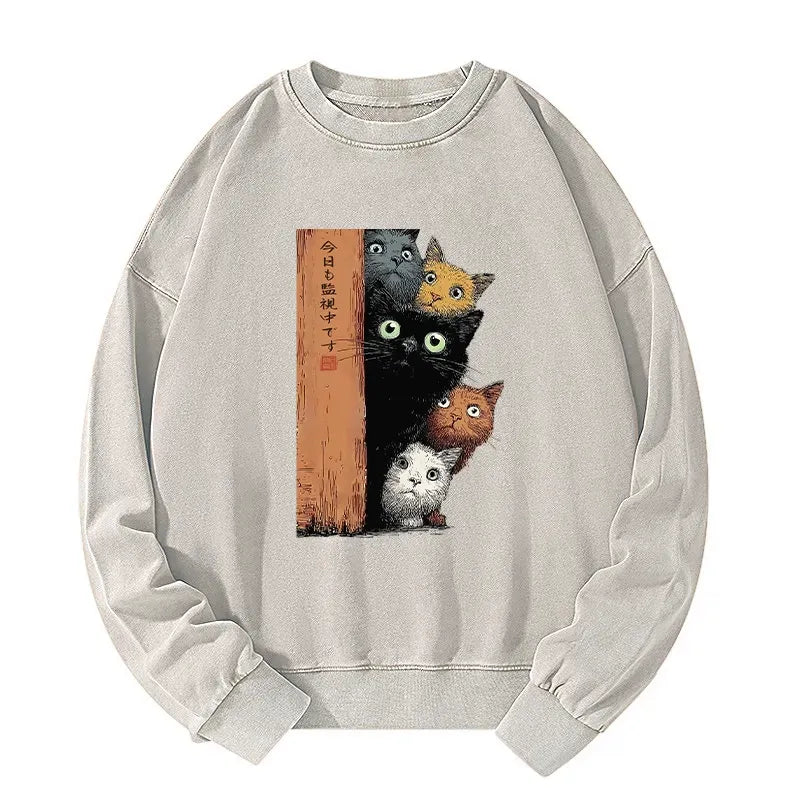 Japanese Cat Washed Sweatshirt for Anime Convention