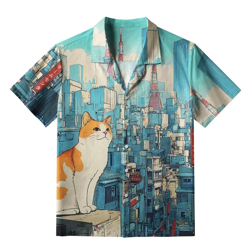 Kyoto-Lion Cat On The City Building Aloha Hawaiian Shirt