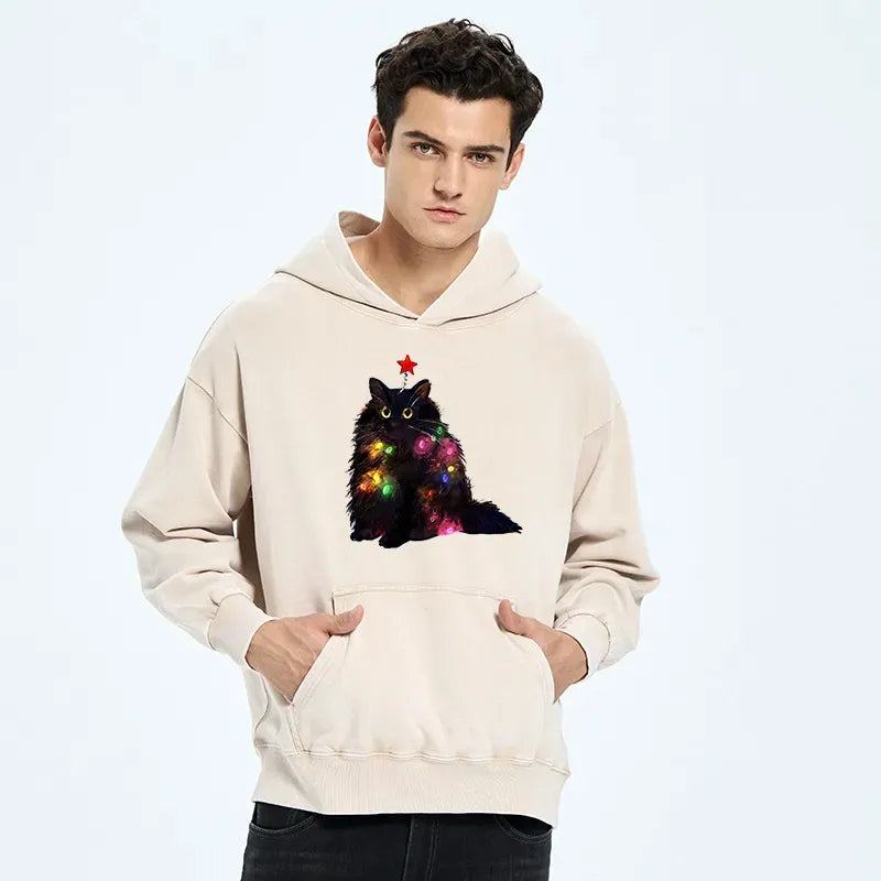 Washed unisex hoodie with cat design