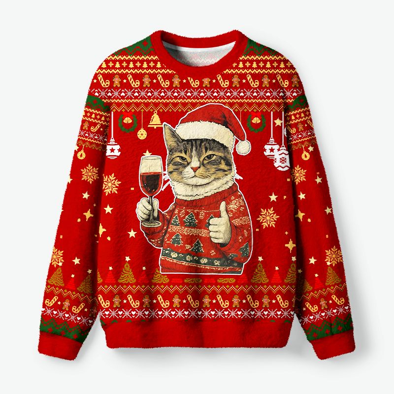 Kyoto-Lion Whimsical Santa Cat Drinking Wine Fuzzy Christmas Ugly Sweatshirt