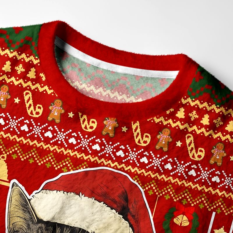 Kyoto-Lion Whimsical Santa Cat Drinking Wine Fuzzy Christmas Ugly Sweatshirt