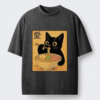 Kyoto-Lion Cute Cat Eating Ramen Meme Washed T-Shirt