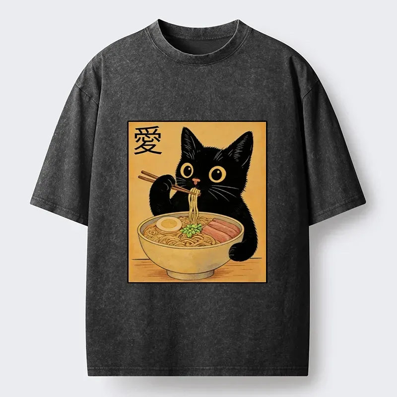 Kyoto-Lion Cute Cat Eating Ramen Meme Washed T-Shirt