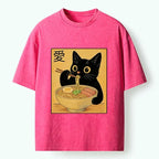 Kyoto-Lion Cute Cat Eating Ramen Meme Washed T-Shirt