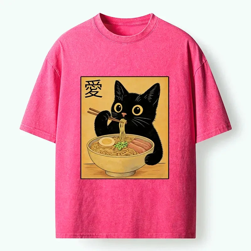 Kyoto-Lion Cute Cat Eating Ramen Meme Washed T-Shirt