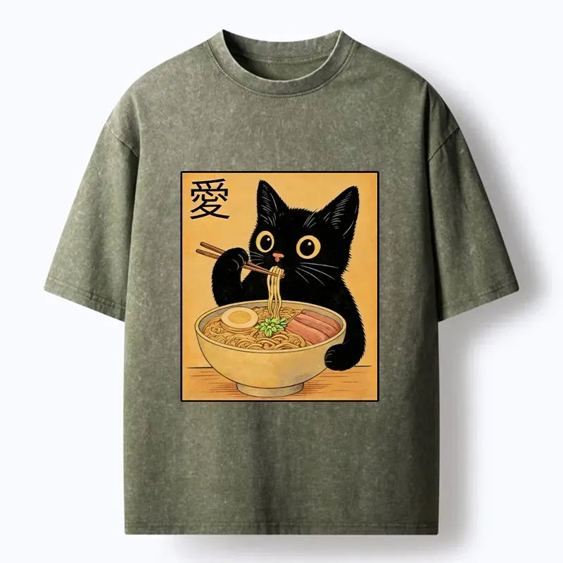 Kyoto-Lion Cute Cat Eating Ramen Meme Washed T-Shirt