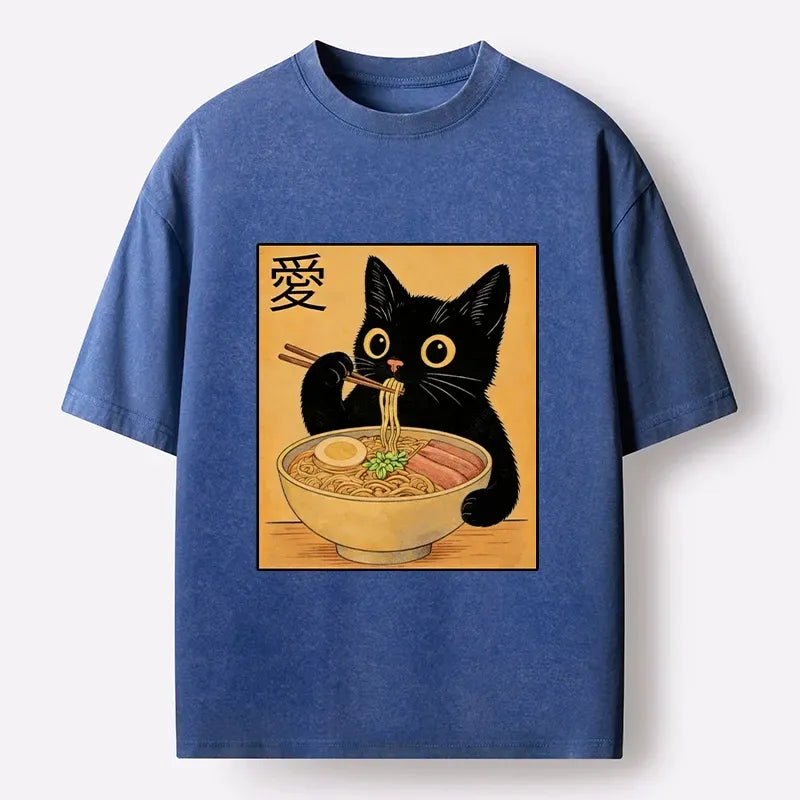 Kyoto-Lion Cute Cat Eating Ramen Meme Washed T-Shirt