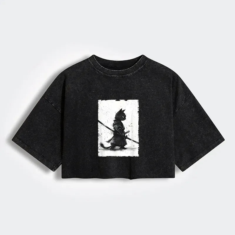 japanese retro cat samurai crop t-shirt