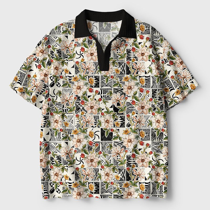 Kyoto-Lion Tropical Floral Delight Crochet Polo Shirt