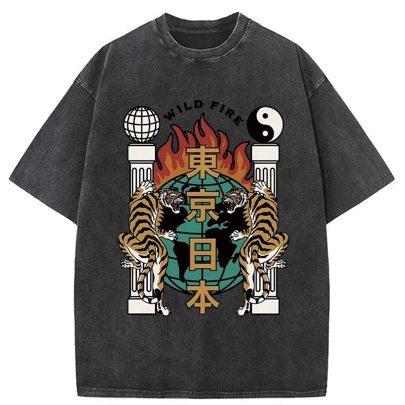 Kyoto-Lion Terrifying TokyoTiger Washed T-Shirt
