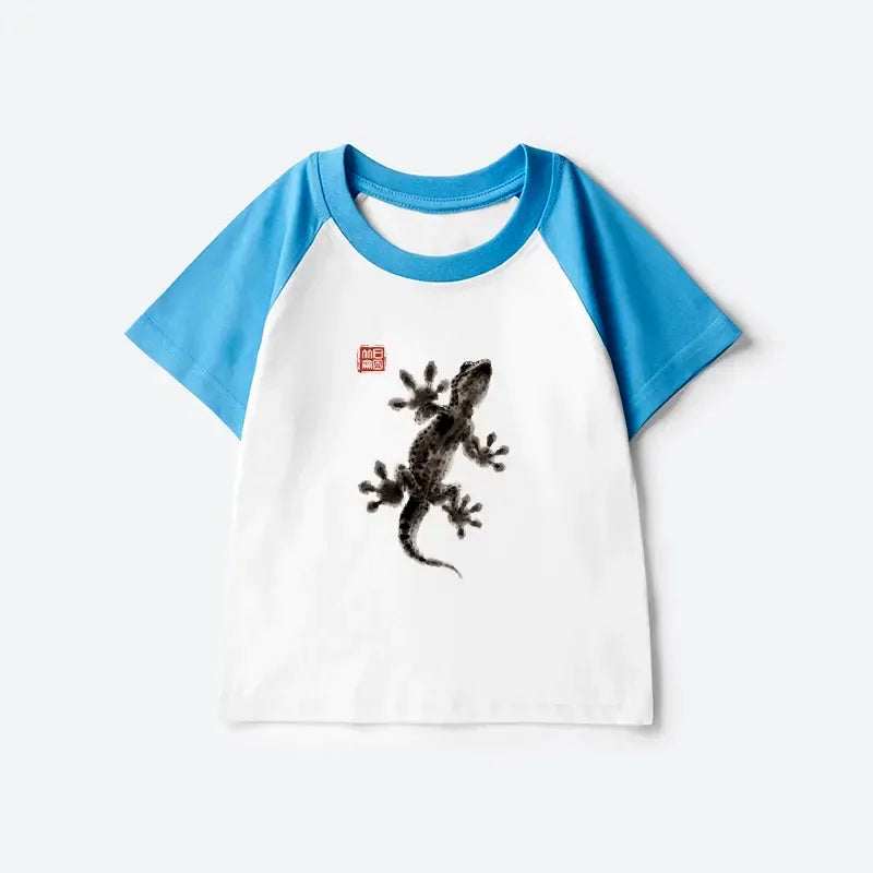 Kyoto-Lion Minimal Asian Ink Brush Gecko Vibe Kids Raglan T-shirt