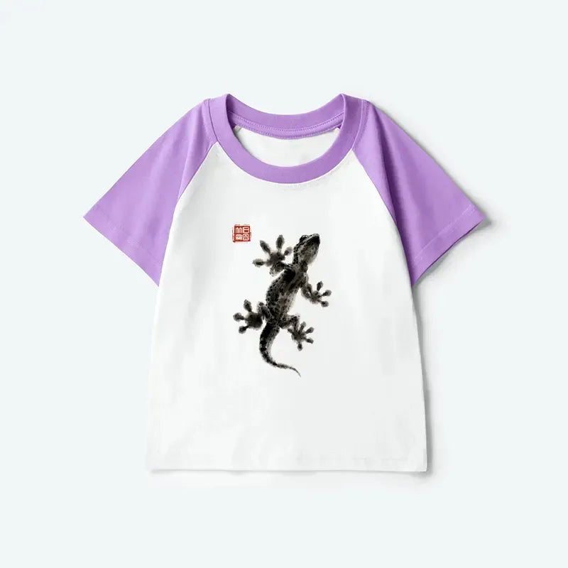 Kyoto-Lion Minimal Asian Ink Brush Gecko Vibe Kids Raglan T-shirt