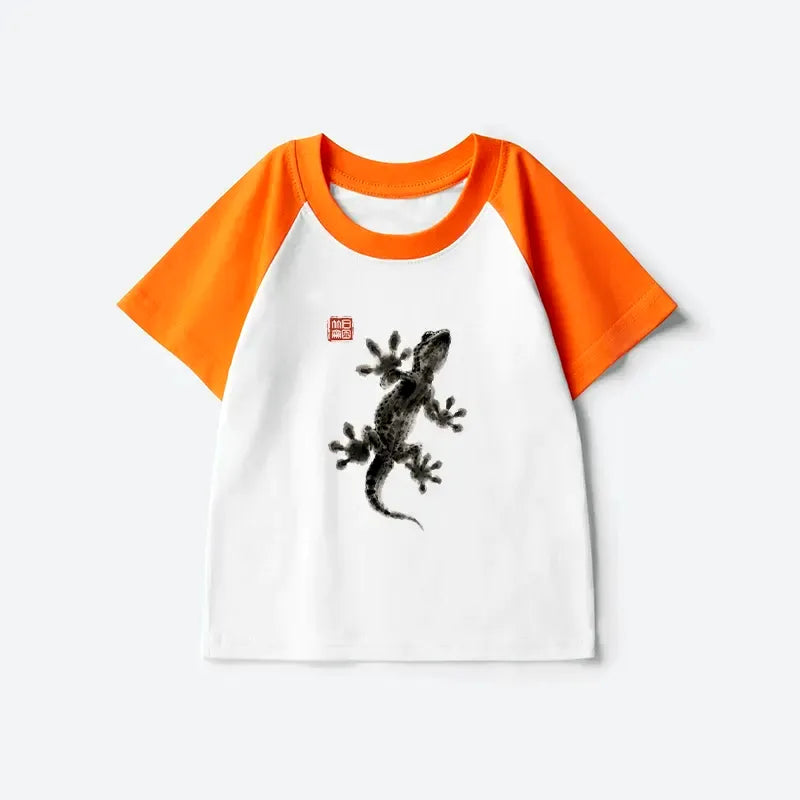 Kyoto-Lion Minimal Asian Ink Brush Gecko Vibe Kids Raglan T-shirt